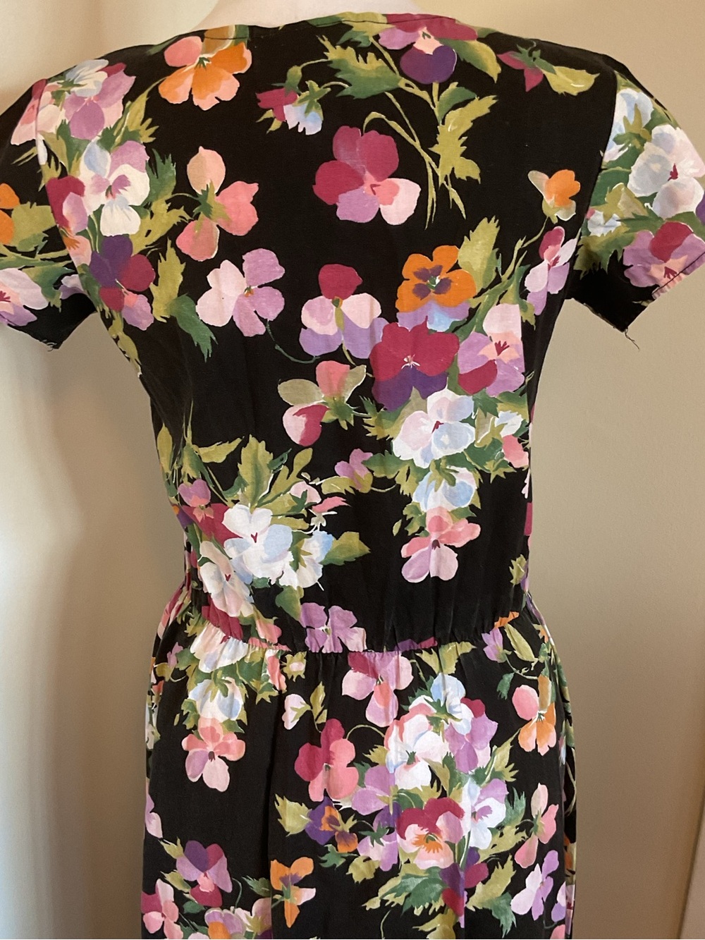 Vintage Avon Fashion Floral Midi Dress 7/8 Black Cotton Fit and Flare 90s - Picture 8 of 11